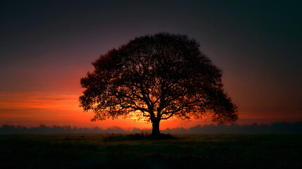 Fototapeta premium Simple composition with tree silhouette against light gradient sky 