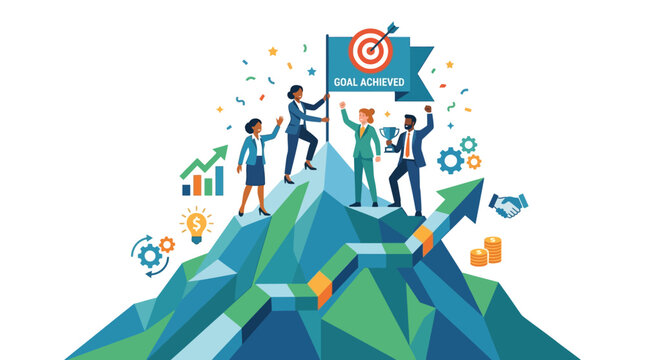 Business team celebrates success on a mountain with a target banner