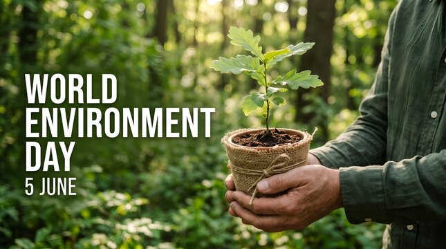 World Environment Day 5 June banner, hands holding small green plant in peat pot, sustainable reforestation and ecology concept in sunny forest