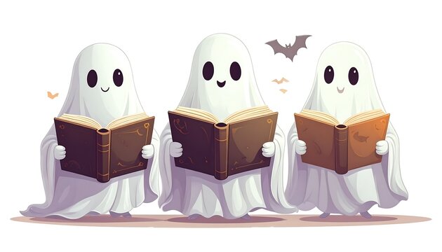 Three friendly, cartoonish ghosts, holding open books, singing together with bats. Fall season