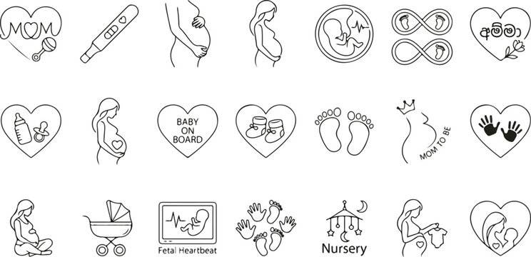 Minimalist line art icons of pregnancy, motherhood, and baby elements, featuring "Amma" typography for Mother's Day and maternity designs.