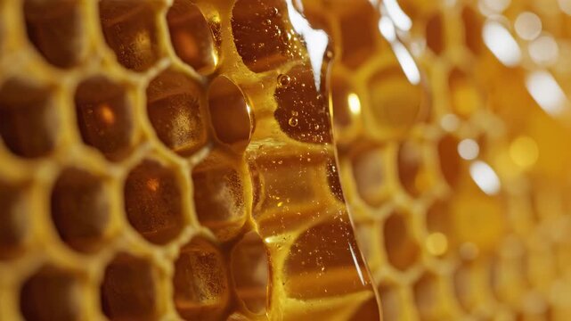 This shows a close-up of honey dripping from a beehive filled with golden honeycombs. The honey is smooth and viscous, reflecting light as it flows.