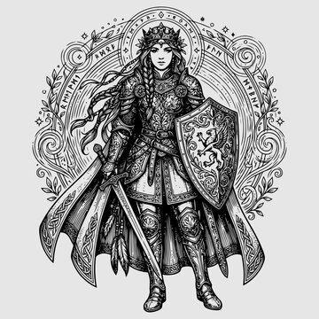 Illustration of a female warrior standing heroically with sword and shield in ornate surroundings