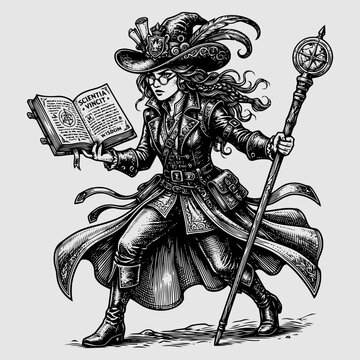 A sorceress holds an ancient book and magical staff while wearing a hat in an action scene