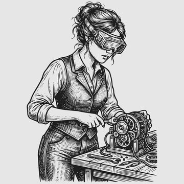 A woman in a workshop carefully operates an industrial machine wearing protective gear.
