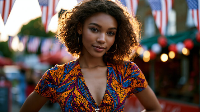 A tall model in a boldly patterned wrap dress standing at a summer fair with Independence Day bunting in the background at golden hour, celebration and style intersecting, ideal for inclusive fashio
