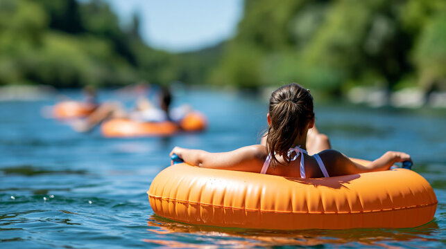 Close-up of people floating lazily down a calm river on inflatable tubes in summer, relaxed river activity concept, leisurely tubing photography, summer outdoor water fun,