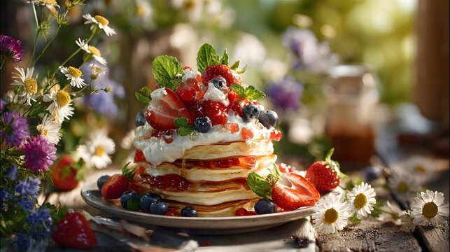 Fresh berry pancakes stack with whipped cream and mint leaves on a rustic wooden surface