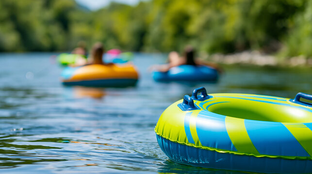 Close-up of people floating lazily down a calm river on inflatable tubes in summer, relaxed river activity concept, leisurely tubing photography, summer outdoor water fun,