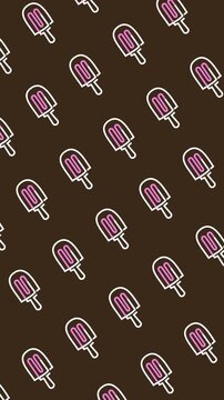 Summer treats pattern with seamless popsicle line art icons on a dark chocolate background animation. Repeating ice pop wallpaper for dessert branding and abstract vertical backdrop.