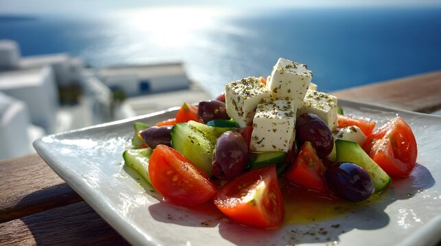 Greek Salad with Diced Feta Cheese and Fresh Vegetables on a Plate by the Blue Sea