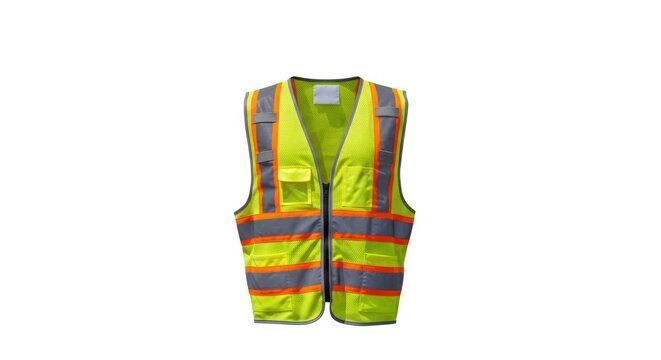A high-visibility safety vest, fluorescent yellow, with orange reflective stripes