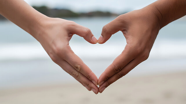 Two people forming a heart shape with their hands at the beach
