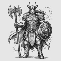 Fototapeta premium Viking warrior with horned helmet holding battle-axe and shield in medieval armor