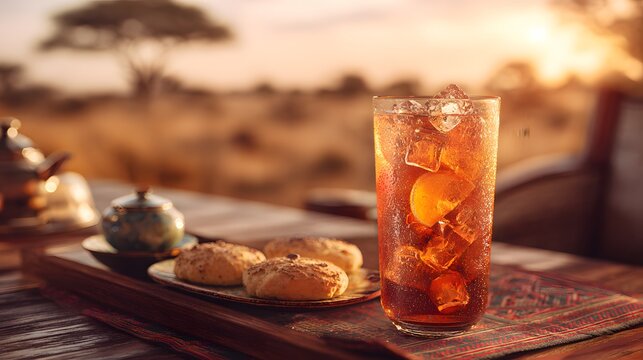 Chilled iced tea with lemon and ice cubes served with biscuits in a sunny outdoor landscape