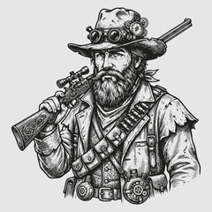 Obraz premium Steampunk cowboy holds rifle and goggles in a sci-fi western scene