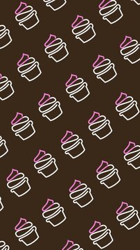 Cupcake bakery pattern with seamless frosted cupcake line art icons on a dark brown background animation. Sweet dessert wallpaper concept for a muffin shop backdrop in an abstract vertical banner.