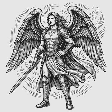 An angel warrior stands confidently with sword in hand surrounded by swirling lines.