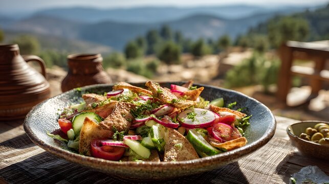 Healthy Lebanese fattoush salad with toasted pita and olives on a rustic mountain table
