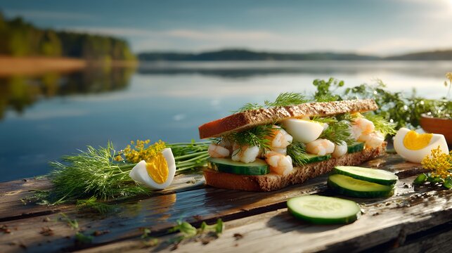 Gourmet shrimp sandwich with boiled eggs sliced cucumbers and fresh dill on toasted brown bread