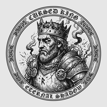 Illustration of a cursed king in armor and crown with eternal shadow