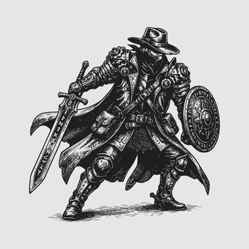 A heavily armored warrior stands ready with sword and shield in hand.