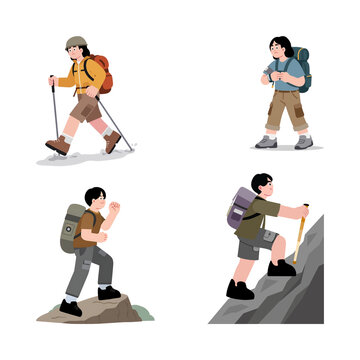 Hiking and mountaineering character collection featuring people with backpacks and trekking gear for outdoor adventure and travel design