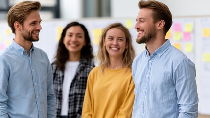 Obraz premium Smiling young businessman during office conversation, friendly communication and modern corporate lifestyle concept.