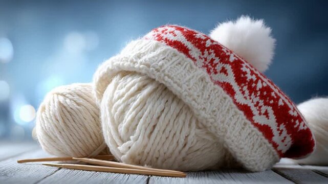 Cozy Winter Crafting: A close-up shot showcases balls of soft, cream-colored yarn and a knitted hat with a red and white pattern, hinting at the warmth and joy of winter hobbies and DIY projects.