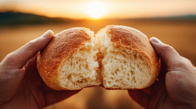 Independance day Fresh bread roll held by hands at sunset with warm light symbolizing independance day celebration and sharing joy