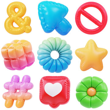 Collection set of inflatable shapes 3d icon in cartoon plastic style minimal isolated on transparent white background, clipping path	
