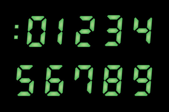 Digital clock green LED Numbers set isolated in dark background