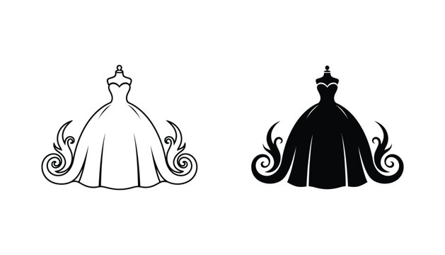 Elegant wedding dress silhouette icon set featuring intricate scrollwork details for bridal fashion and boutique branding projects isolated on white background
