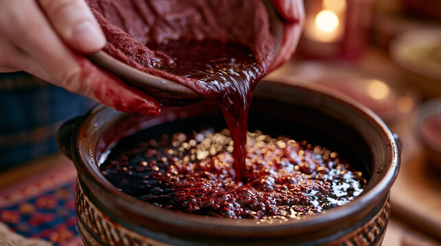 Madder root extract being strained through muslin into a ceramic vat, rust red liquid catching warm kitchen light, hands stained with natural pigment, ideal for botanical dyeing, natural textile col