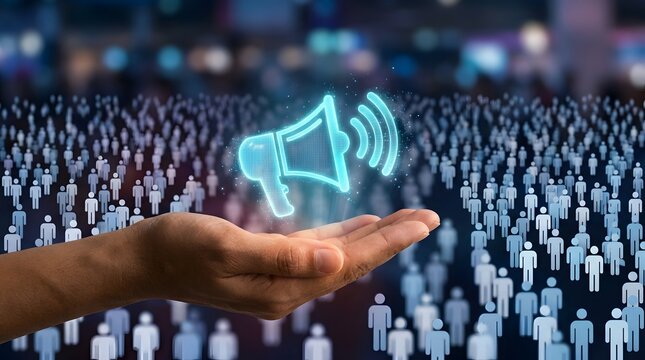 Digital marketing megaphone reaching a crowd audience with public announcement and communication concept