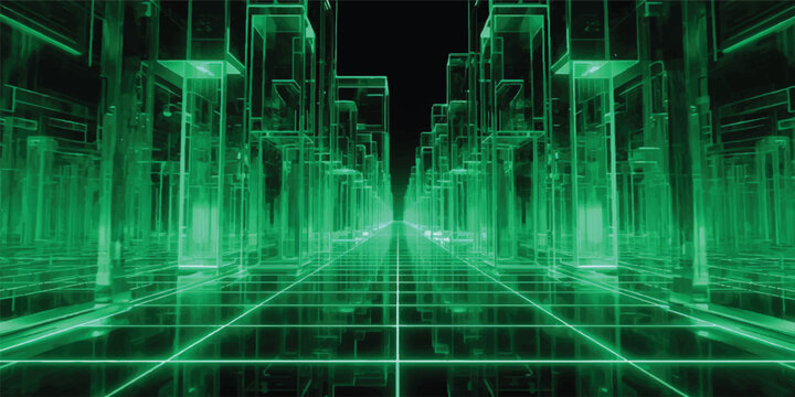 Futuristic abstract binary code background features a digital pattern of blue and green light lines for a modern tech software communication concept