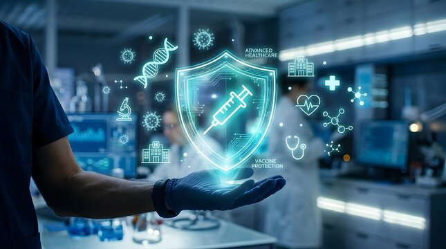 Healthcare professional using tablet with holographic medical security and patient data interface in laboratory