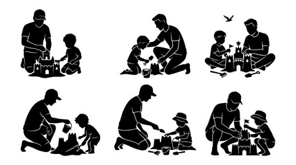 Fototapeta premium Father and child build sandcastles on a beach. Multiple kneeling silhouettes form a playful summer bonding scene.