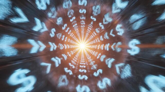 Glowing dollar signs and arrows forming a financial speed tunnel