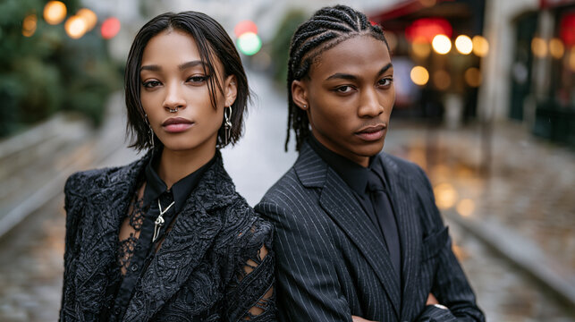 Two models in matching deconstructed suits, one in a sheer version and one in opaque fabric, standing back to back on rain slicked cobblestones, perfect for gender fluid fashion, editorial contrast,