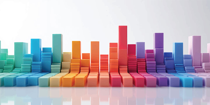 Abstract 3d business graph illustration featuring colorful growth bars and a financial arrow rising over a city skyline to represent market success and data progress