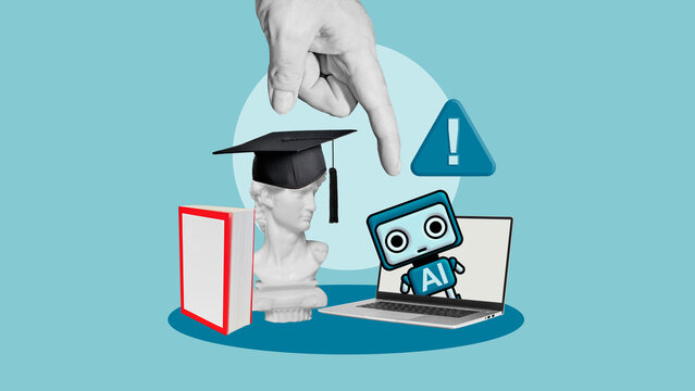 AI and Academic Cheating Concept, Artificial Intelligence Threat to Education Integrity, Student Plagiarism, Automated Homework, Knowledge Worker Replacement and Academic Ethics Risk