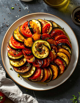 Ratatouille tian with thinly sliced zucchini, eggplant, tomatoes and peppers in perfect spiral, glossy olive oil shine, tasty food, gourmet culinary