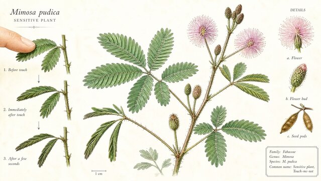 pudica. Mimosa pudica plant with leaves closing after being touched. gardening catalogs, home-decor guides, designed for home decor and floral branding and gardening and botanical catalogs.