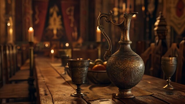 flagon. An ornate engraved flagon sits on a long wooden table in a medieval hall. event programs, museum guides, designed for cultural heritage projects and event programs.