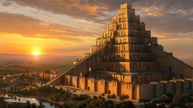 mesmerization. Ancient ziggurat tower rising from plains against a dramatic sky during the golden hour. real-estate listings.