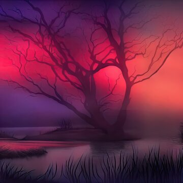 Mysterious landscape at twilight with barren tree reflecting in water