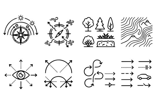 Landscape Architecture Site Analysis Line Icon Set &ndash; Sun Path, Wind Flow, Vegetation, Topography, Views and Circulation Arrows Vector Elements