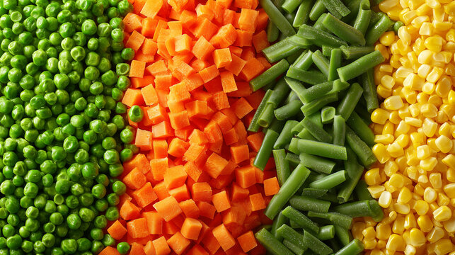 Mixed vegetables close up with peas diced carrots green beans and corn arranged as colorful healthy cooking background texture for food design	