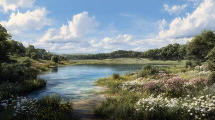 Naklejka premium A picturesque landscape captured in a realistic photographic style, showcasing a serene river flowing through a verdant environment. Ai generated